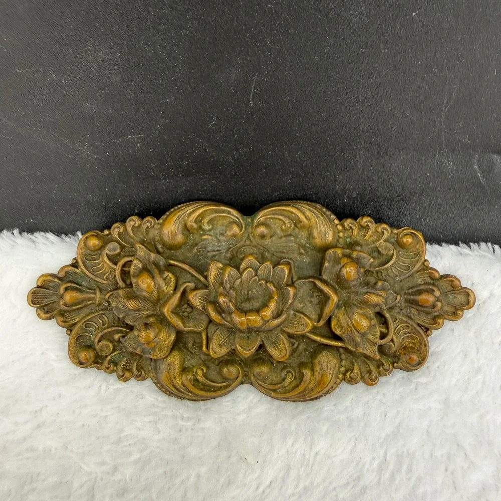 Vintage Floral Repousse Brooch Bronze Tone Large Lotus Statement